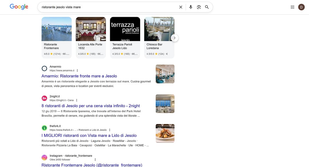 Risultati di ricerca Google per la keyword Ristorante Jesolo vista mare