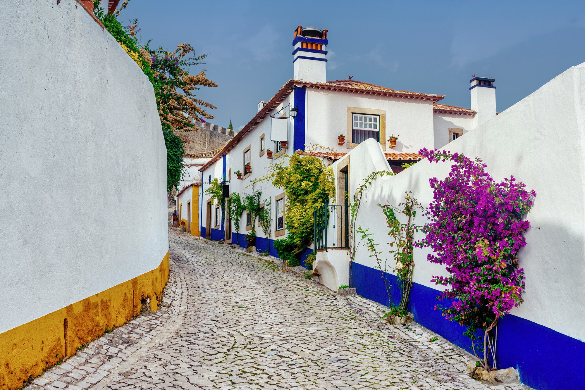 Typical street of the medieval village of Óbidos in Portugal .