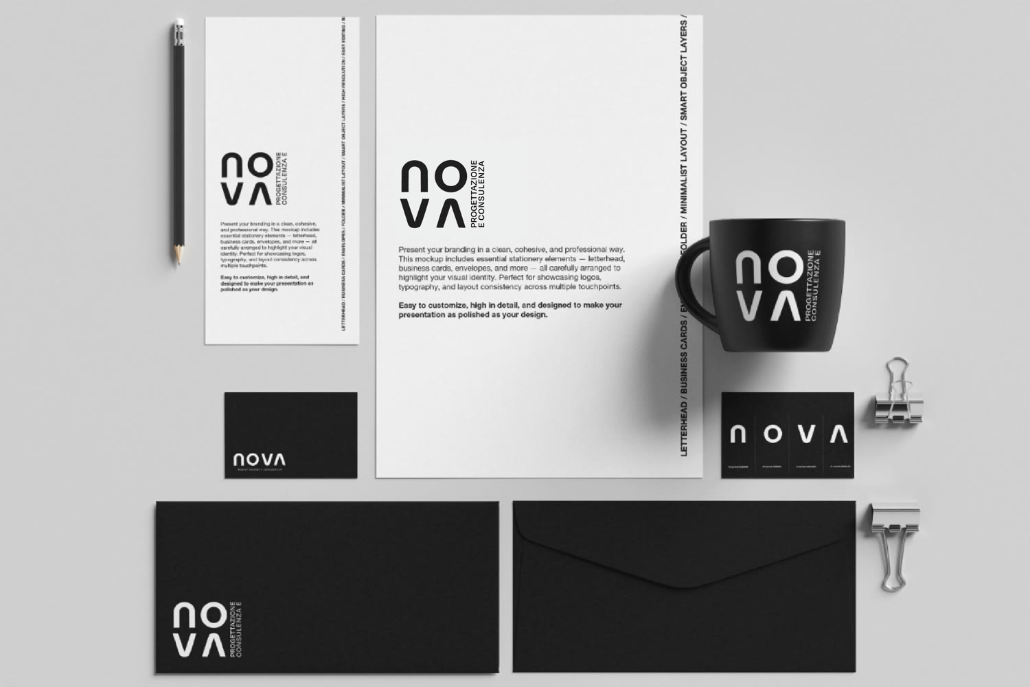 Immagine coordinata NOVA: carta intestata, biglietti da visita, buste e mug