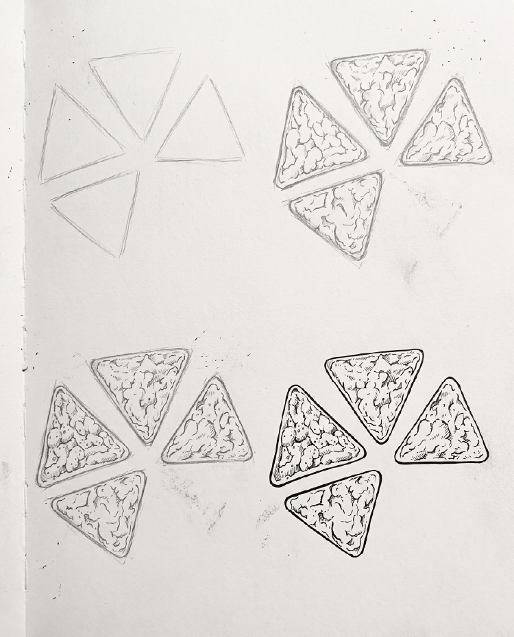 Bozzetti a matita e a china dell’illustrazione dei triangolini La Fagiana