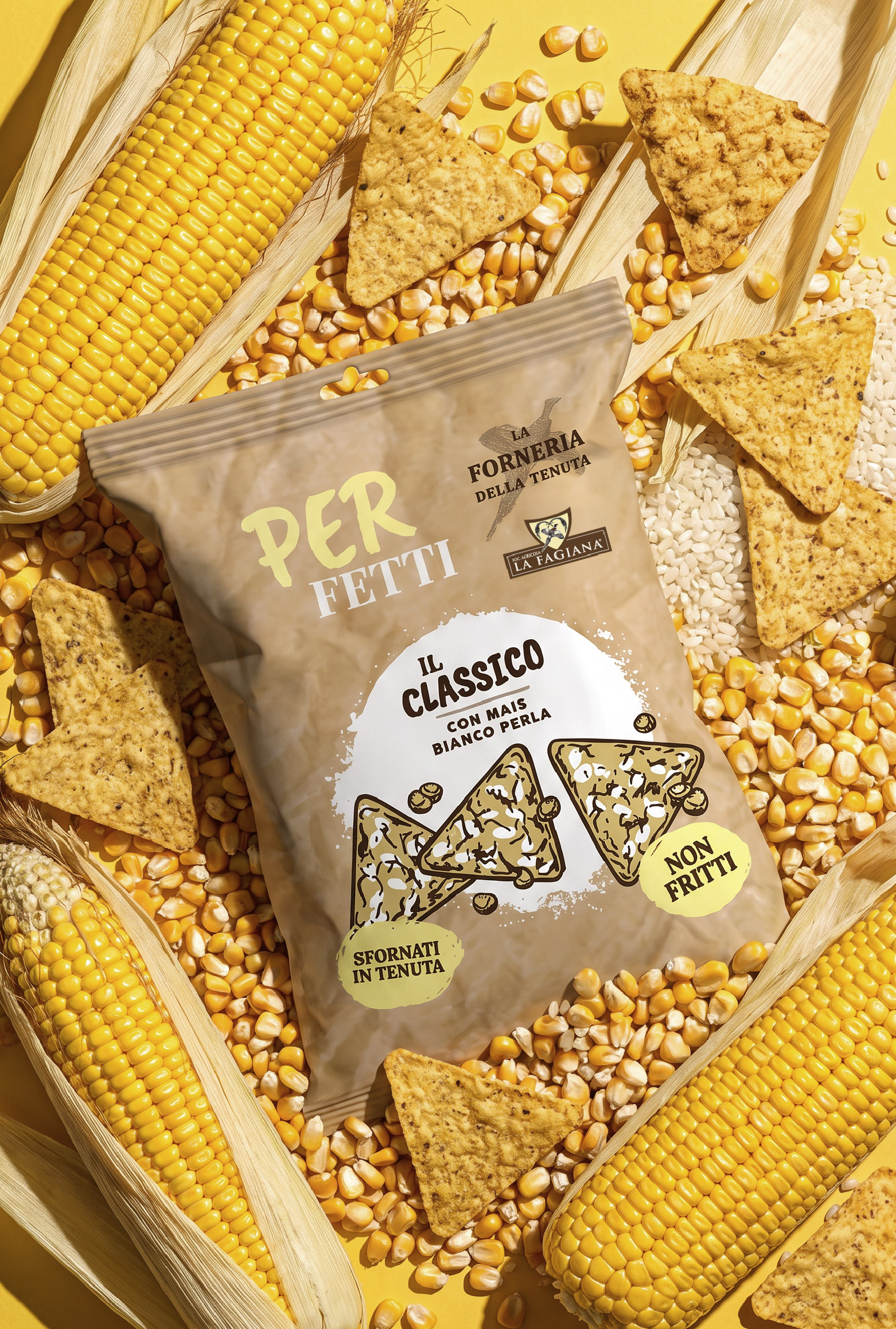 Packaging Triangolini Il Classico con mais bianco perla della tenuta La Fagiana