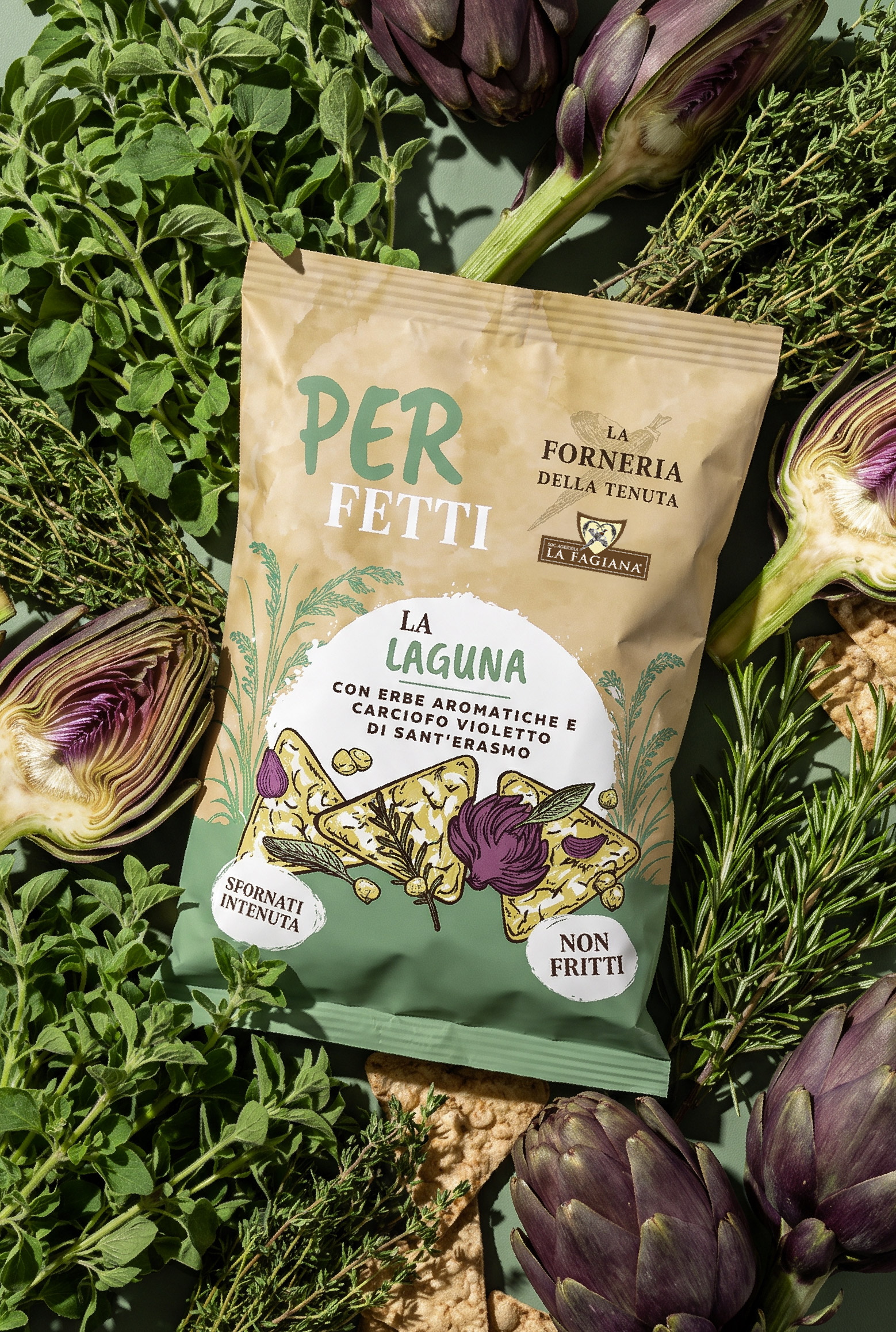 Packaging Triangolini La Laguna con erbe aromatiche e carciofo violetto di Sant’Erasmo