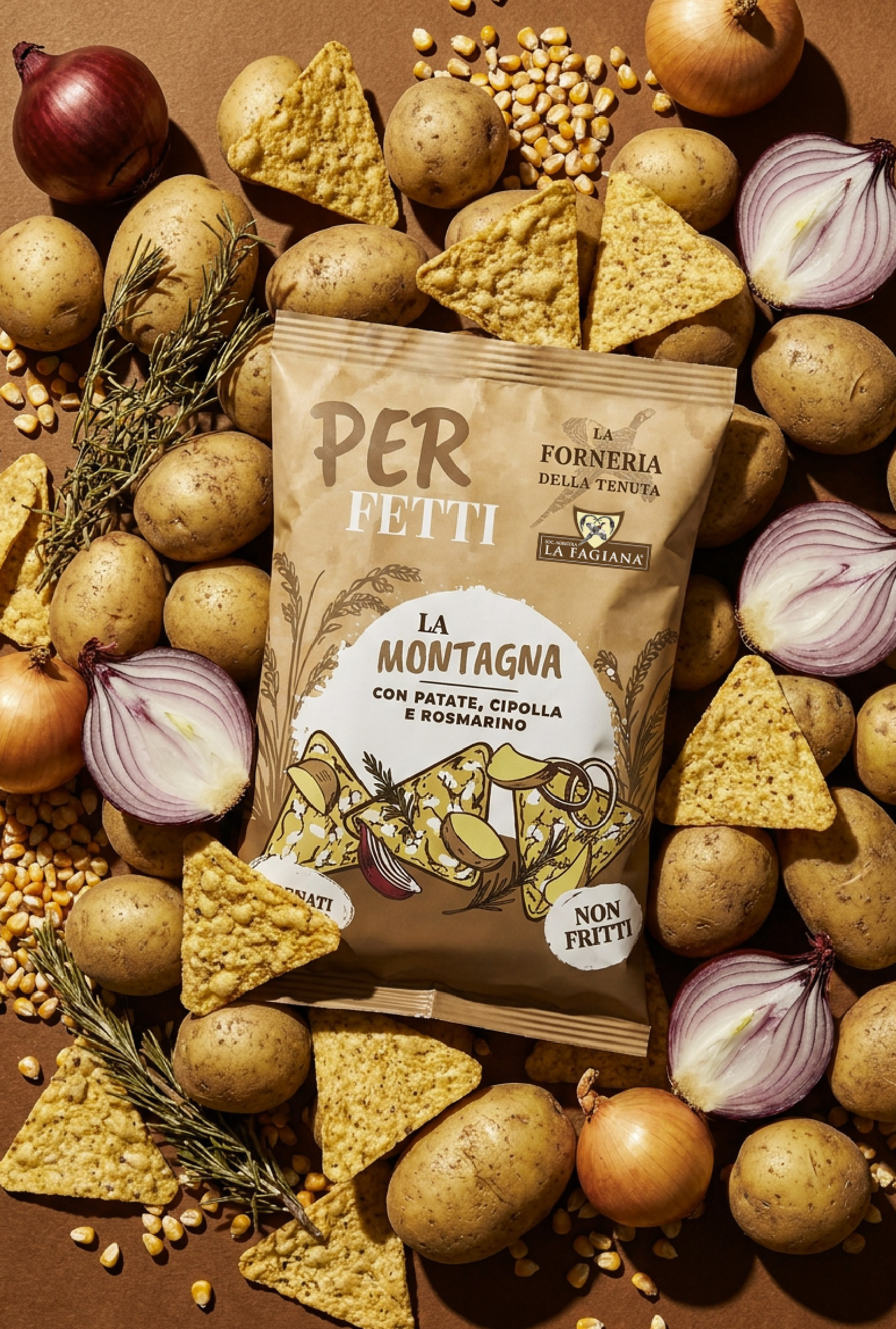 Packaging Triangolini La Montagna con patate, cipolla e rosmarino
