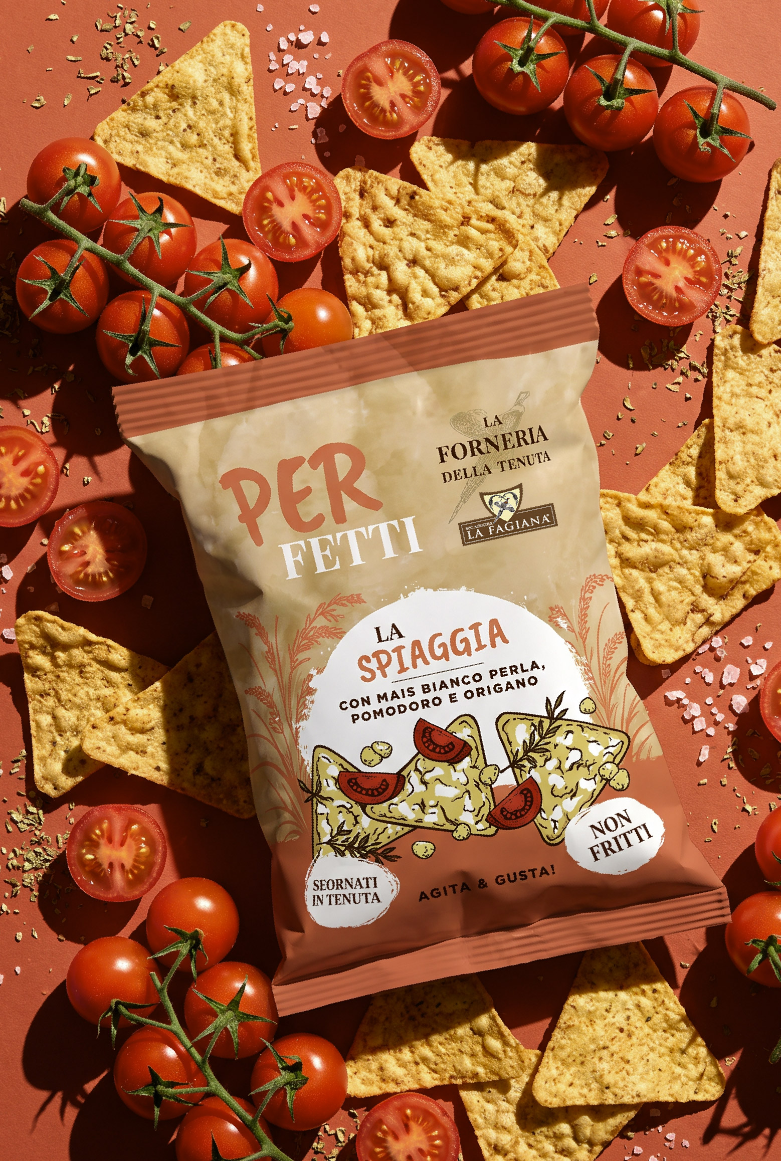 Packaging Triangolini La Spiaggia con mais bianco perla, pomodoro e origano