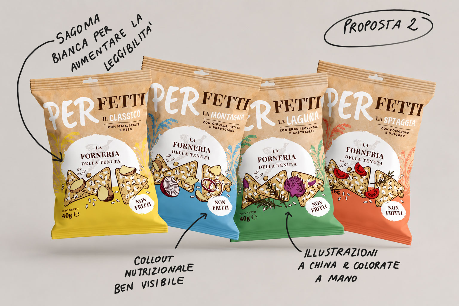 Proposta di packaging Triangolini La Fagiana in carta avana con illustrazioni a china colorate a mano