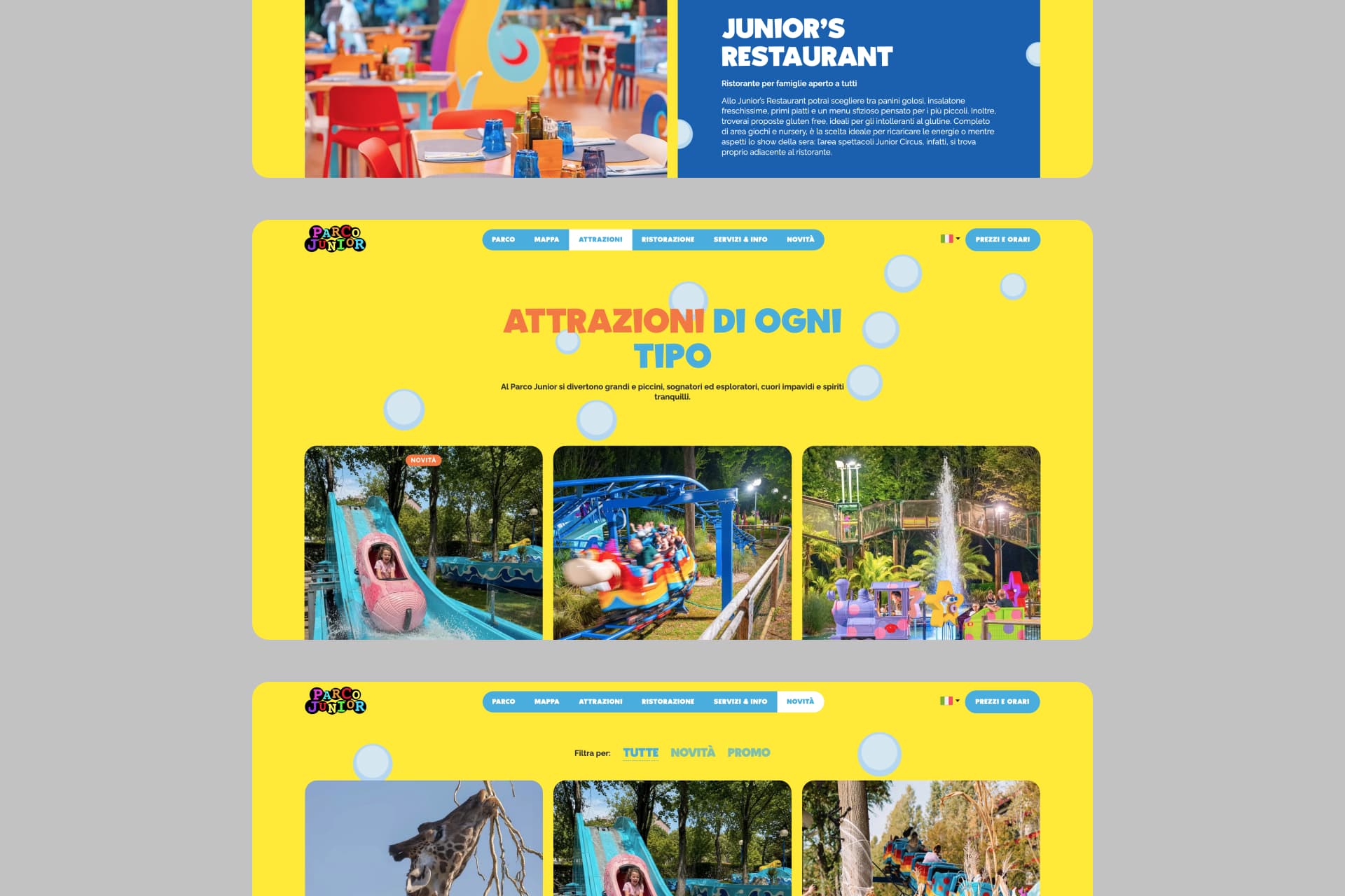 Sito web Parco Junior: pagine attrazioni, novità e Junior's Restaurant