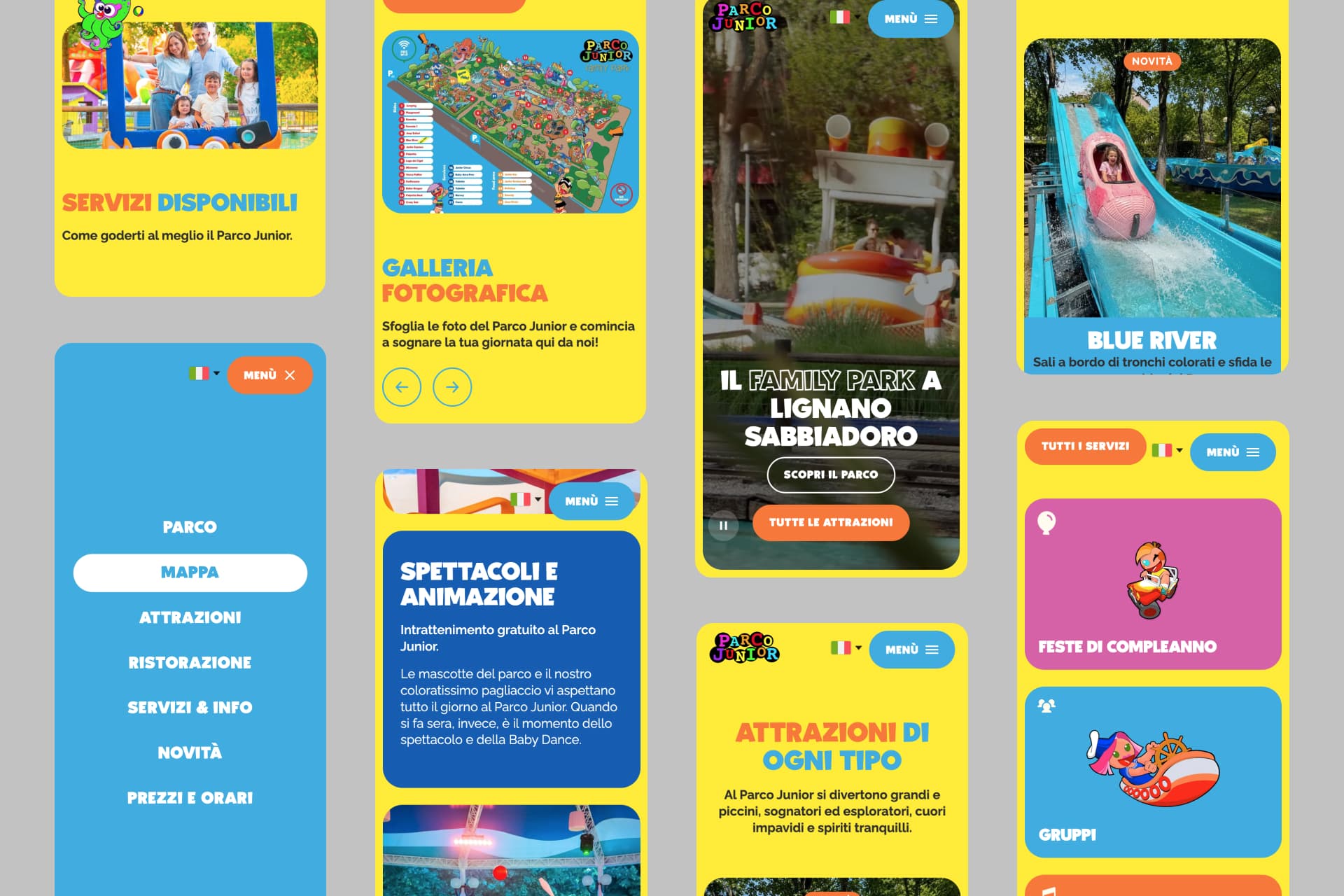 Sito web Parco Junior da mobile: menu, mappa, attrazioni e servizi del parco