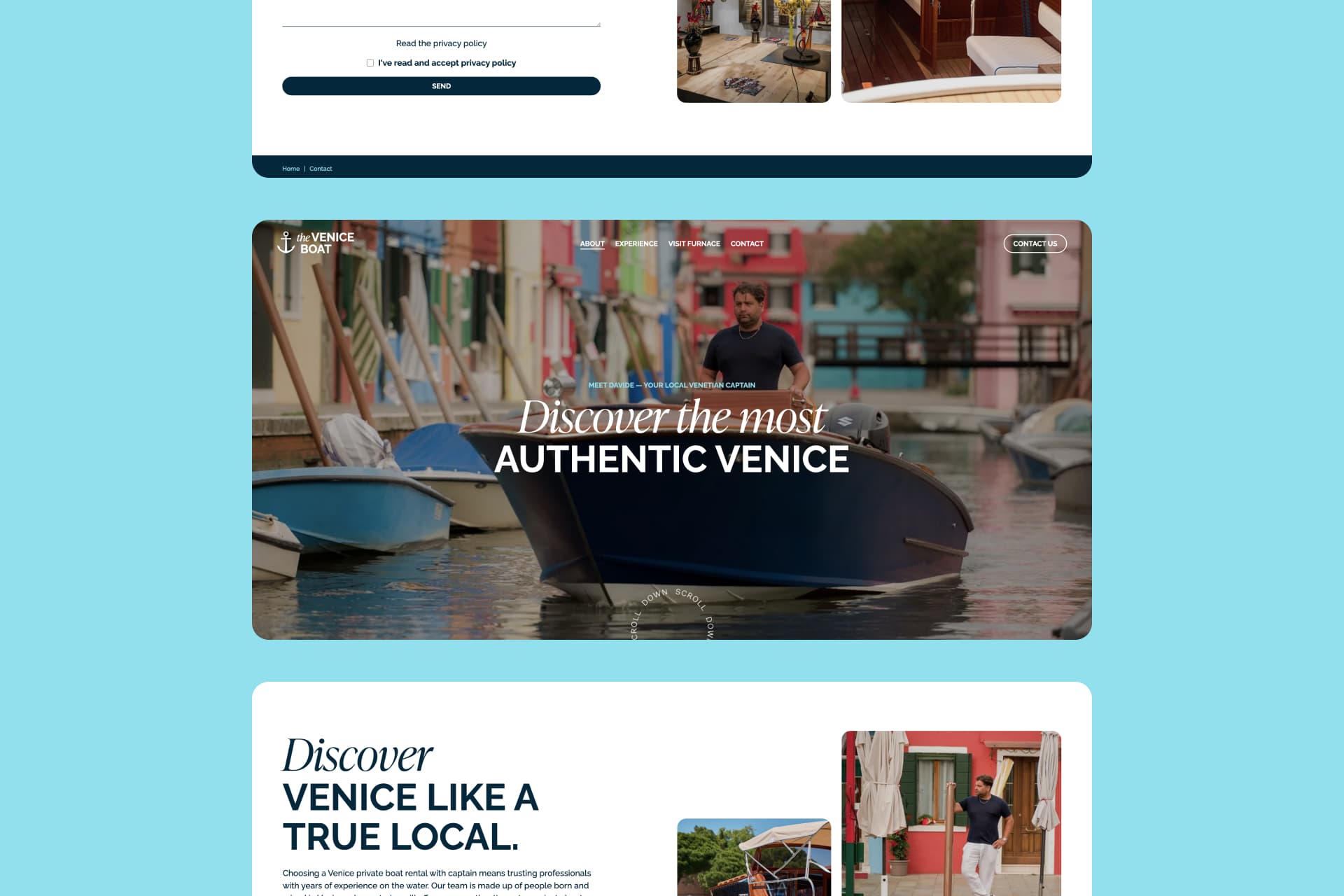 Sito web The Venice Boat: pagina About con Davide, capitano veneziano