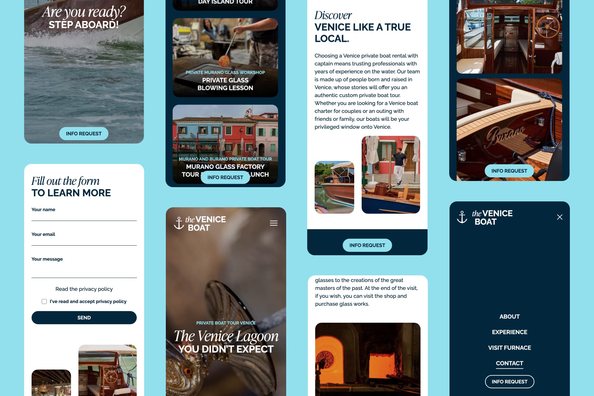 Sito web The Venice Boat da mobile: esperienze a Murano e Burano e richiesta informazioni